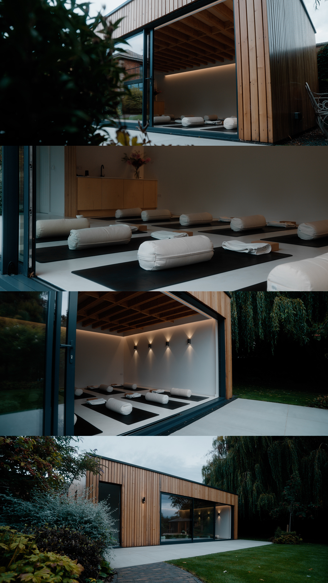 Four views of the studio at dusk: the open garden doors, mats and bolsters laid out inside, the lit wall sconces, and the studio exterior