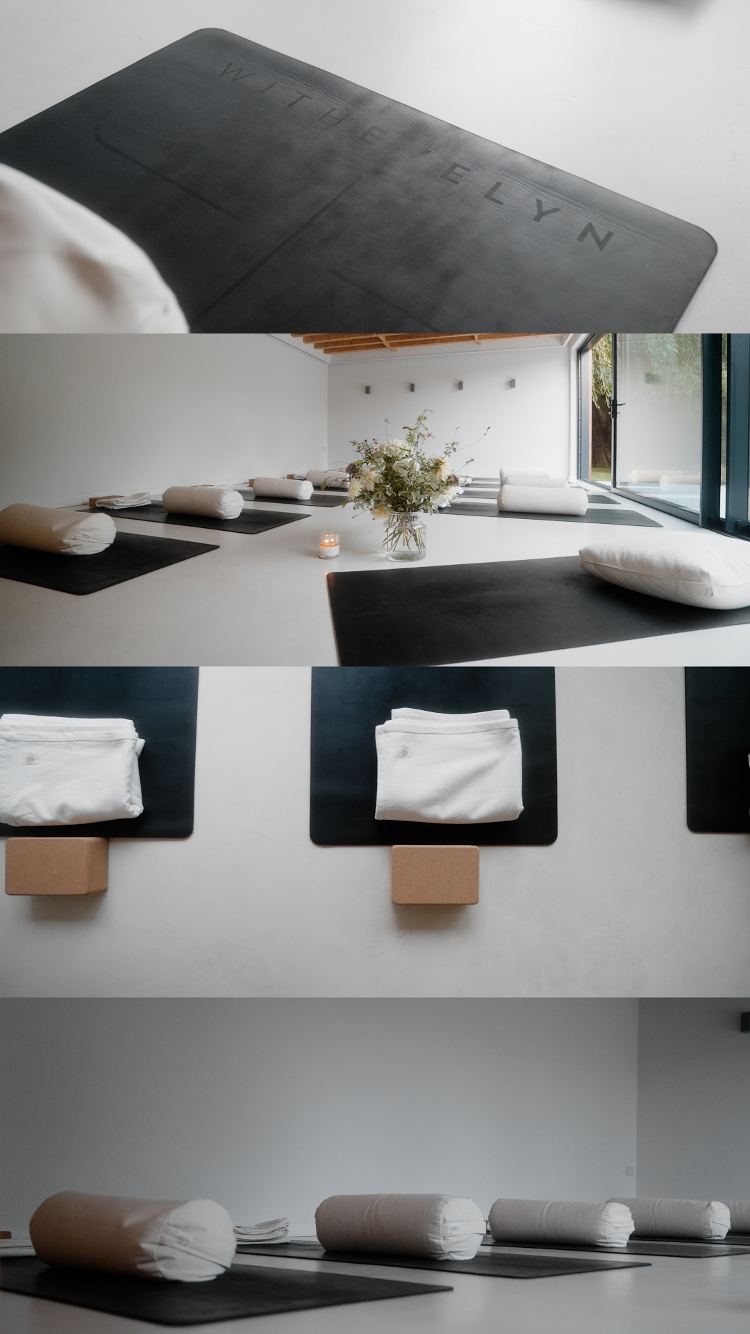 Four views of the studio set up for yoga: a branded mat, the room laid out with flowers, folded blankets on blocks, and bolsters ready on the mats